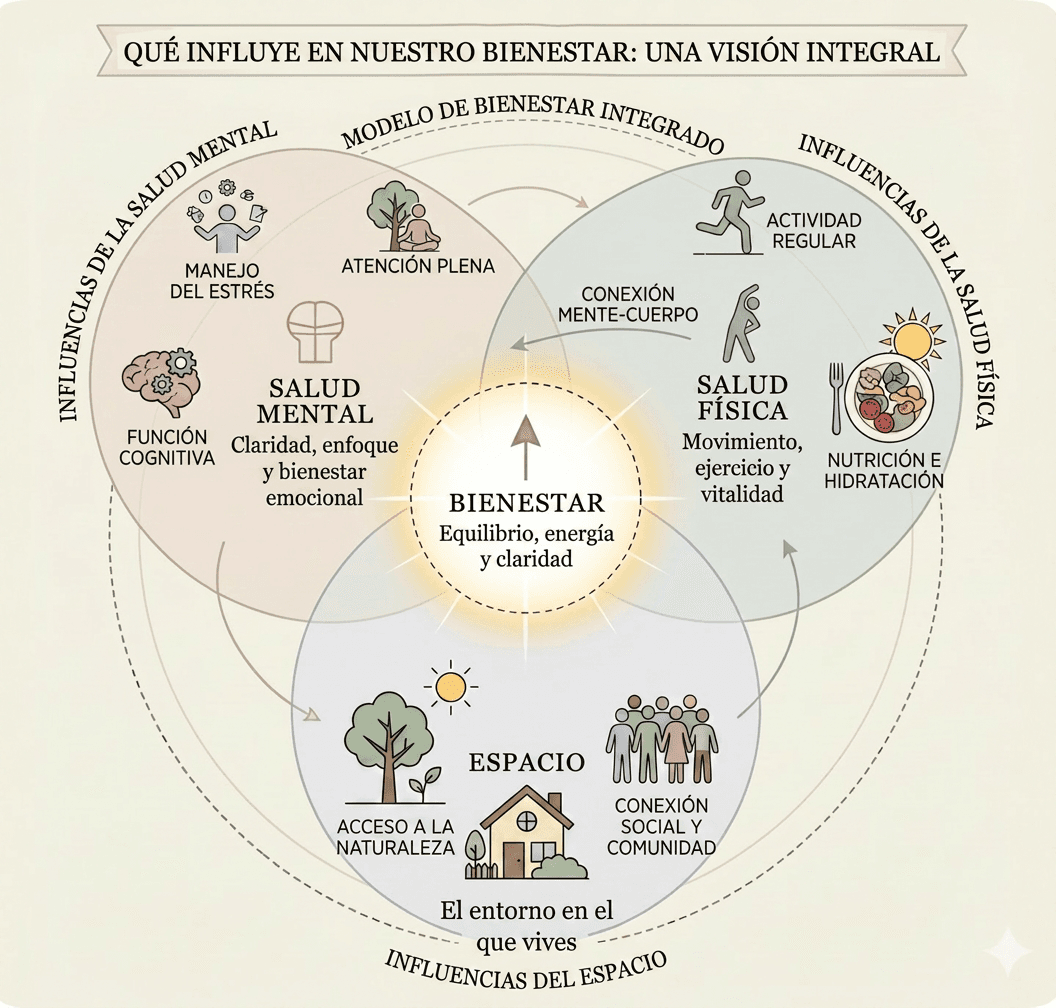 Diagrama que muestra cómo la salud mental, la salud física y el espacio se cruzan para crear bienestar
