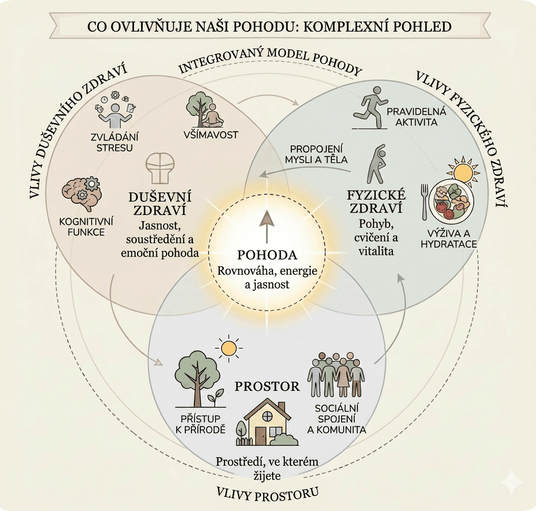 Diagram ukazující, jak se duševní zdraví, fyzické zdraví a prostor protínají a vytvářejí pohodu